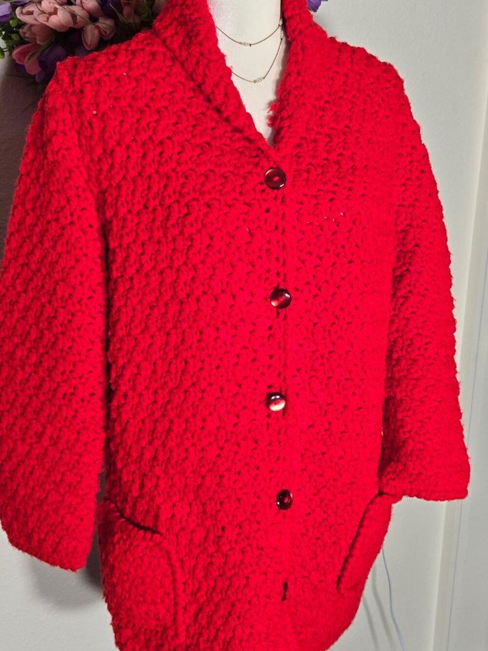 Red Chunky Crochet Coat, Button Up Plush Sweater Jacket, Soft Oversized Cardigan